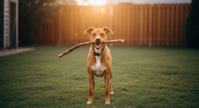Joyful Dog Bringing Stick Outdoors on Sunny Day