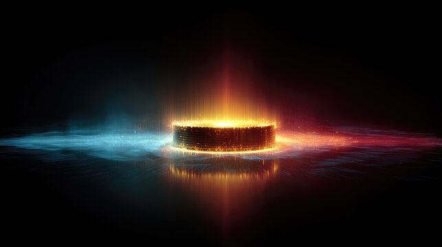A dramatic, abstract image depicts a glowing, circular object ? likely a stadium or arena ? resting on a dark, reflective surface.