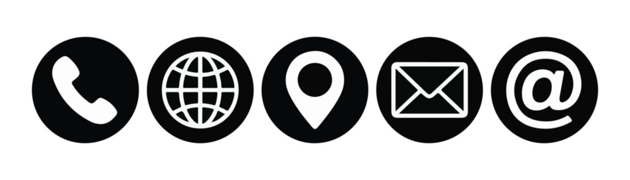 White contact info symbols in black circles including phone globe map pin mail and at sign set.