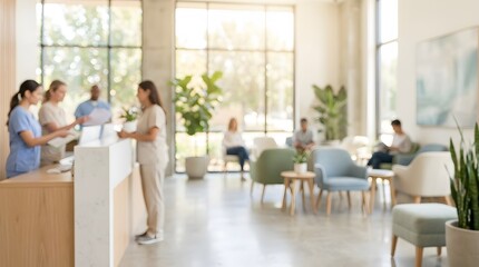 Fototapeta premium People walking and working in a modern corporate office building stylishly arranged
