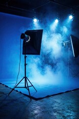 Obraz premium Photo studio with blue lighting and smoke. Professional lights and equipment ready for a creative photoshoot. Dynamic atmosphere for filming or artistic projects.