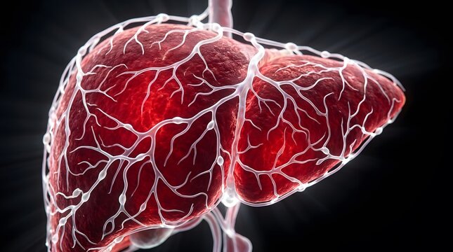 3D rendering of human liver anatomy with vascular system against a black background.