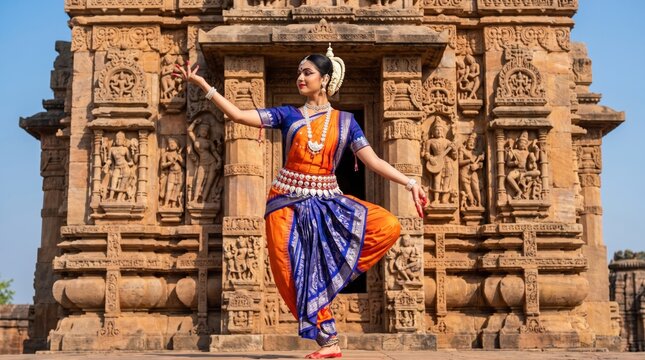 Graceful indian classical dancer performing odissi in front of an ancient stone temple