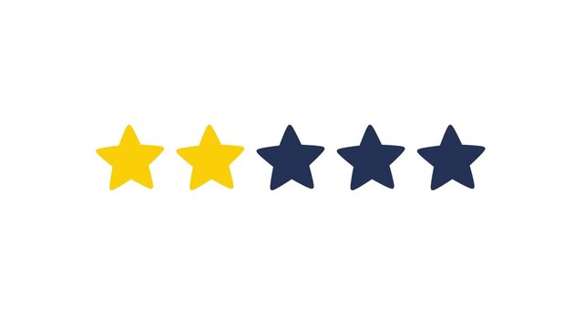 A row of five flat-design stars gradually turns yellow one by one to show an increasing rating on a white background, simple flat style loop animation, representing a customer review concept.