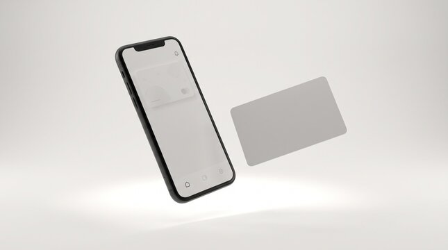 Floating smartphone and blank credit card mockup on white background