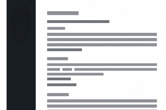 Minimalist FAQ document template with grey lines, black sidebar on white background. Flat layout design for business help page, information guide, customer support web interface. Simple linear style
