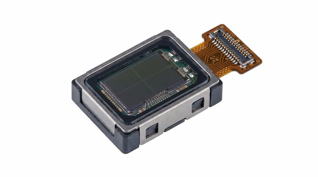 Miniature electronic camera sensor component with integrated flexible circuit board showing internal metallic wiring isolated on a plain white background surface