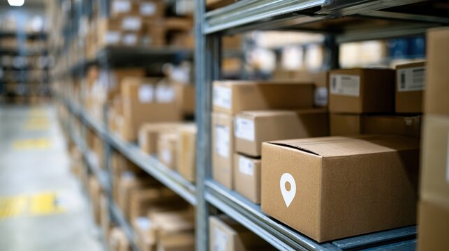 Warehouse storage aisle with cardboard boxes on metal shelves for logistics inventory and e-commerce background