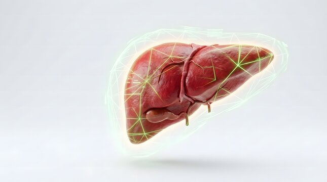 Digital scan of human liver highlighting internal health, technology and medicine concept.