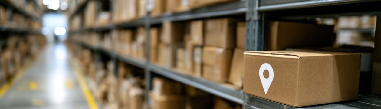 Warehouse aisle with stacked cardboard boxes and location marker for logistics background and inventory management banner
