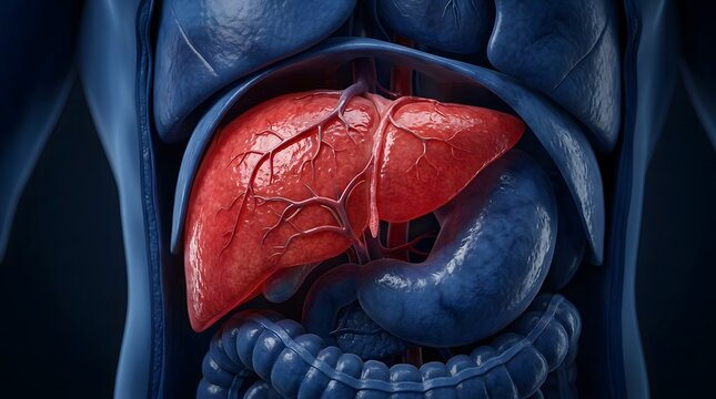 3D rendering of human anatomy focusing on the liver and digestive system.