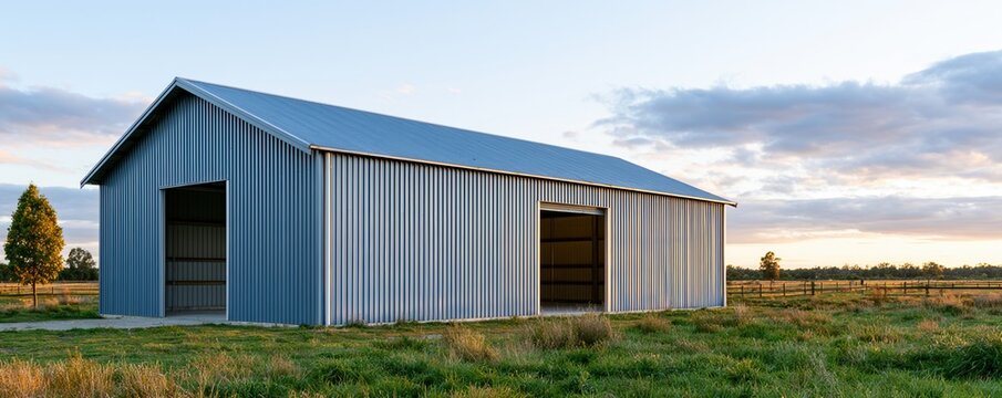 Sleek metal barn with open doors on rural landscape for agricultural background and farm building banner design