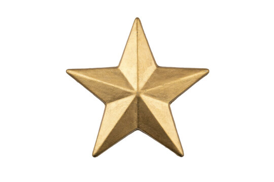 A single five pointed star shape with a matte metallic gold finish and beveled edges isolated on a transparent background