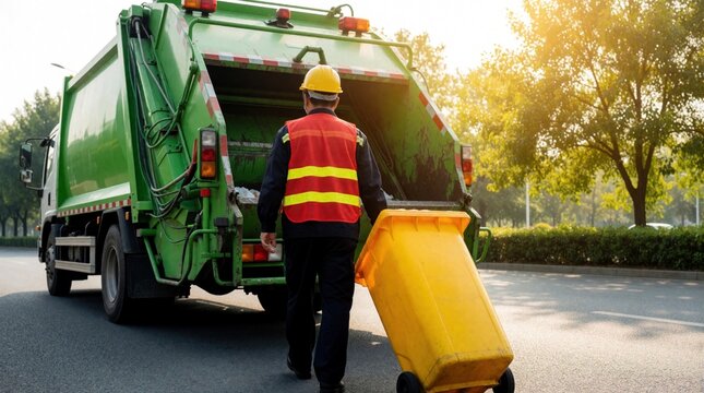Worker pushes yellow bin towards green garbage truck on city street. Sanitation worker in safety vest collects trash during daytime on road. Waste management service.