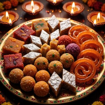 Festive plate brimful with assorted Indian sweets like ladoo, barfi, and jalebi. Burning diyas glow around the tray, signifying a joyous Diwali celebration and rich cultural traditions.