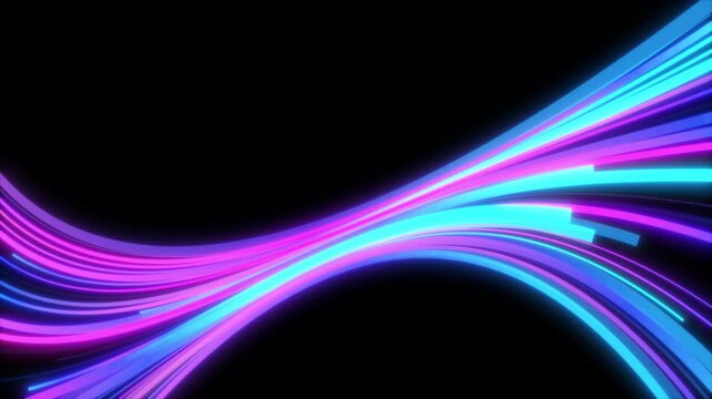 Abstract 3D motion graphic of colorful illuminated strands twisting into an endless vortex