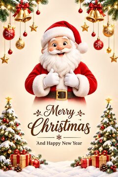Happy Santa Claus giving thumbs up with Merry Christmas holiday greeting card design