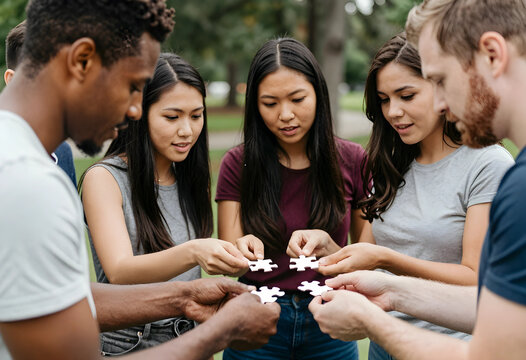 Teamwork and collaboration concept, diverse group of young people connecting puzzle pieces together in a park for problem solving and unity strategy