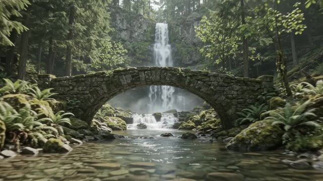 Waterfall and ancient stone bridge in lush temperate rainforest, cinematic nature scenery