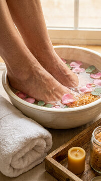 Person Soaking Feet in a Warm Water Basin with Rose Petals and Bath Salts During Spa Treatment
