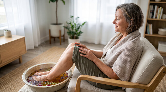 Mature Woman Enjoying a Relaxing Herbal Foot Bath and Aromatherapy at Home