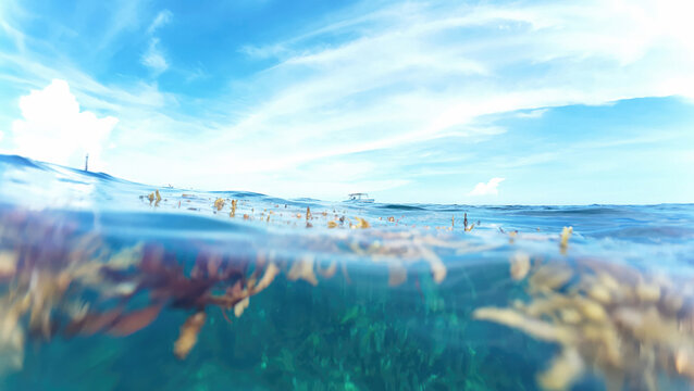 view of both underwater and a boat floating on the surface of the water, isla mujeres mexico, sargassum and seaweed floating above the water