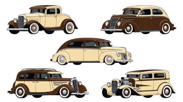 Vintage Cars Collection: Classic Hot Rods and Sedans Isolated