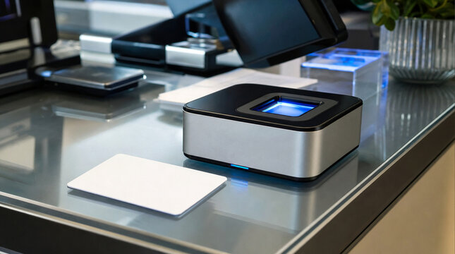 Modern biometric fingerprint scanner with access card on a sleek counter surface.