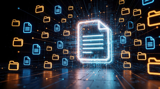 Neon document file icon glows amid floating folders and data streams in dark cyberspace. Digital archive, secure storage, cloud network, data management concept.