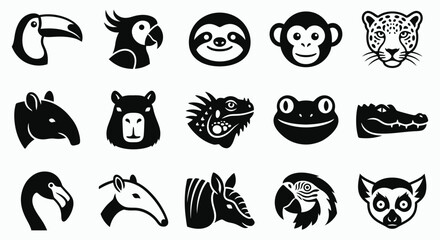 Fototapeta premium A black and white vector illustration set featuring various wild tropical animal heads for creative design projects
