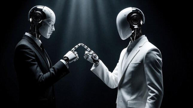 Two humanoid robots in suits touch index fingers. Futuristic androids face off in studio. AI partners or rivals communicate, discuss, connect.