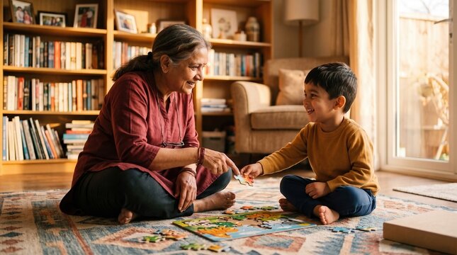 Grandmother and grandson complete a colorful jigsaw puzzle together at home. Concept of intergenerational learning, patience and cognitive development