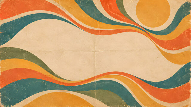 Retro abstract design with horizontal wavy bands in orange, yellow, teal and cream tones featuring a circular sun element in the upper right

