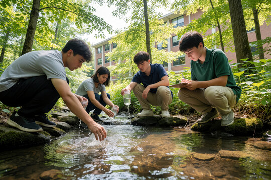 Students collect water samples from stream for science project near university. They record data and observe nature hands-on. Young people collaborate for environmental study in green surroundings.