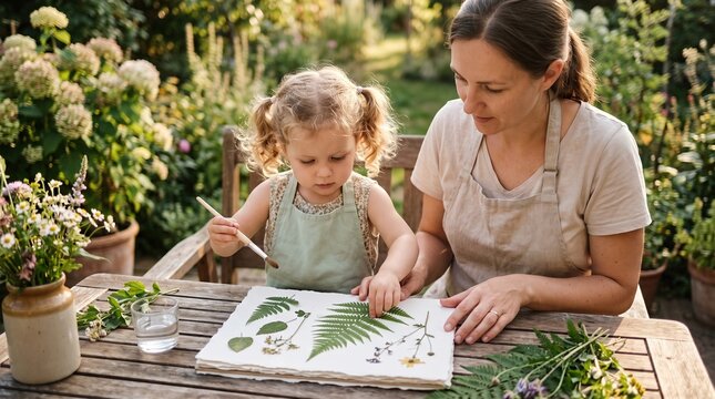 Mother and child study leaves in a nature journal outdoors. Concept of hands-on science observation and environmental education