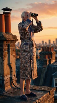 Elderly man in patterned robe peers through binoculars on urban rooftop at sunset. He surveys city skyline from above, exploring neighborhood during golden hour, enjoying quiet solitude.