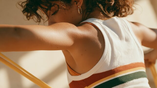 Young Female Athlete in Sports Outfit, Looking Up with Determination and Focus.