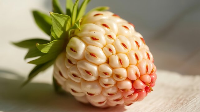 Single ripe pineberry fruit, a unique white strawberry with distinctive red seeds and green stem.