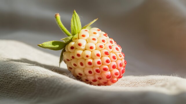 Single ripe pineberry fruit, a unique white strawberry with distinctive red seeds and green stem.