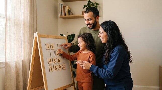 Parents teach their child numbers using an easel at home. Concept of playful home education numeracy and parental support