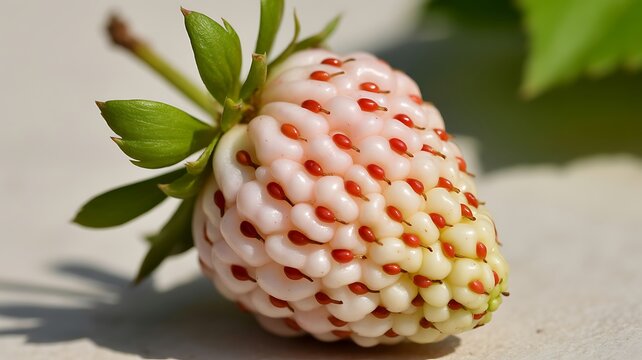 Single ripe pineberry fruit, a unique white strawberry with distinctive red seeds and green stem.