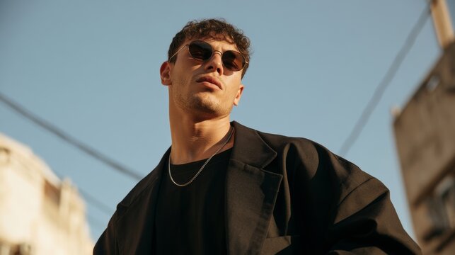 Trendy Man in Vintage Jacket, Sunglasses, and Necklace, Standing Against Urban Backdrop.