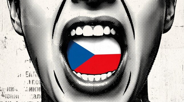 A person's mouth wide open with the Czech Republic flag on the tongue, symbolizing national voice or protest.