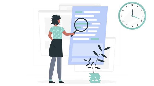 Woman inspecting digital code document with magnifying glass in flat vector style animation footage for business software development presentations motion