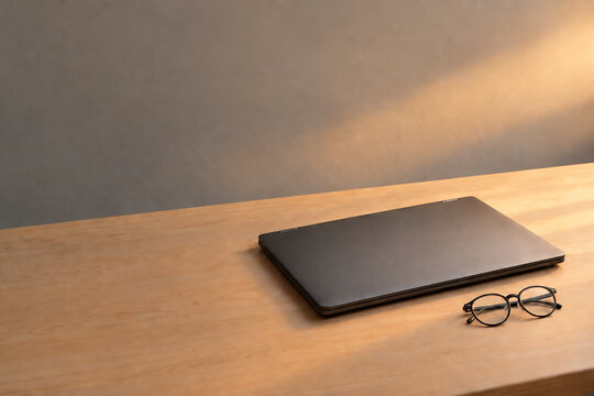 Closed laptop and folded eyeglasses with copy space