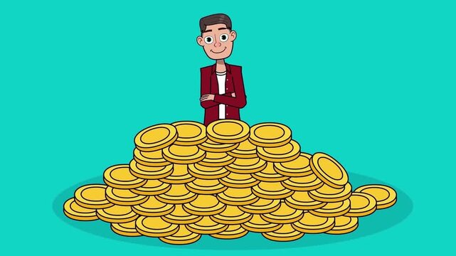Happy man standing behind giant golden coin pile celebrating financial wealth in this vibrant animated motion graphic loop video clip