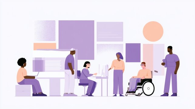 Diverse users engaging with assistive technology for web accessibility in a simple, minimal setting with a soft color palette.