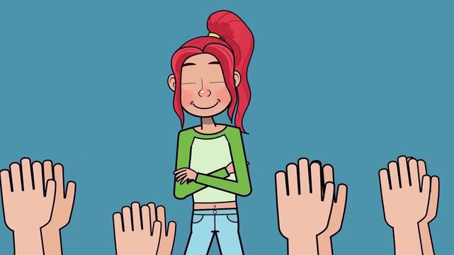 Animated girl blushing while receiving applause from audience in this colorful digital motion graphic video for your creative media project
