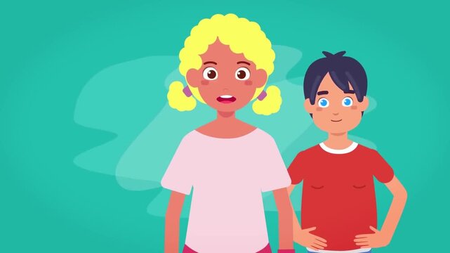 Surprised blonde girl and happy boy standing beside piles of cash in this colorful animated vector motion graphic video clip