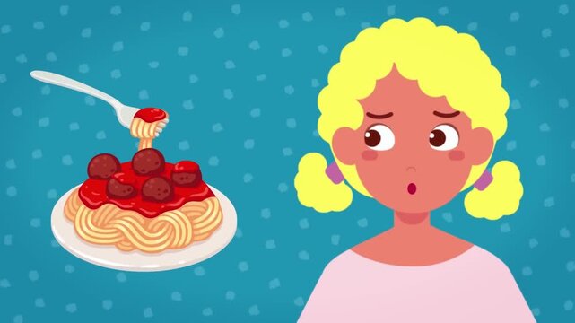 Worried little girl looking at a delicious plate of spaghetti with meatballs in this colorful flat animation motion design footage